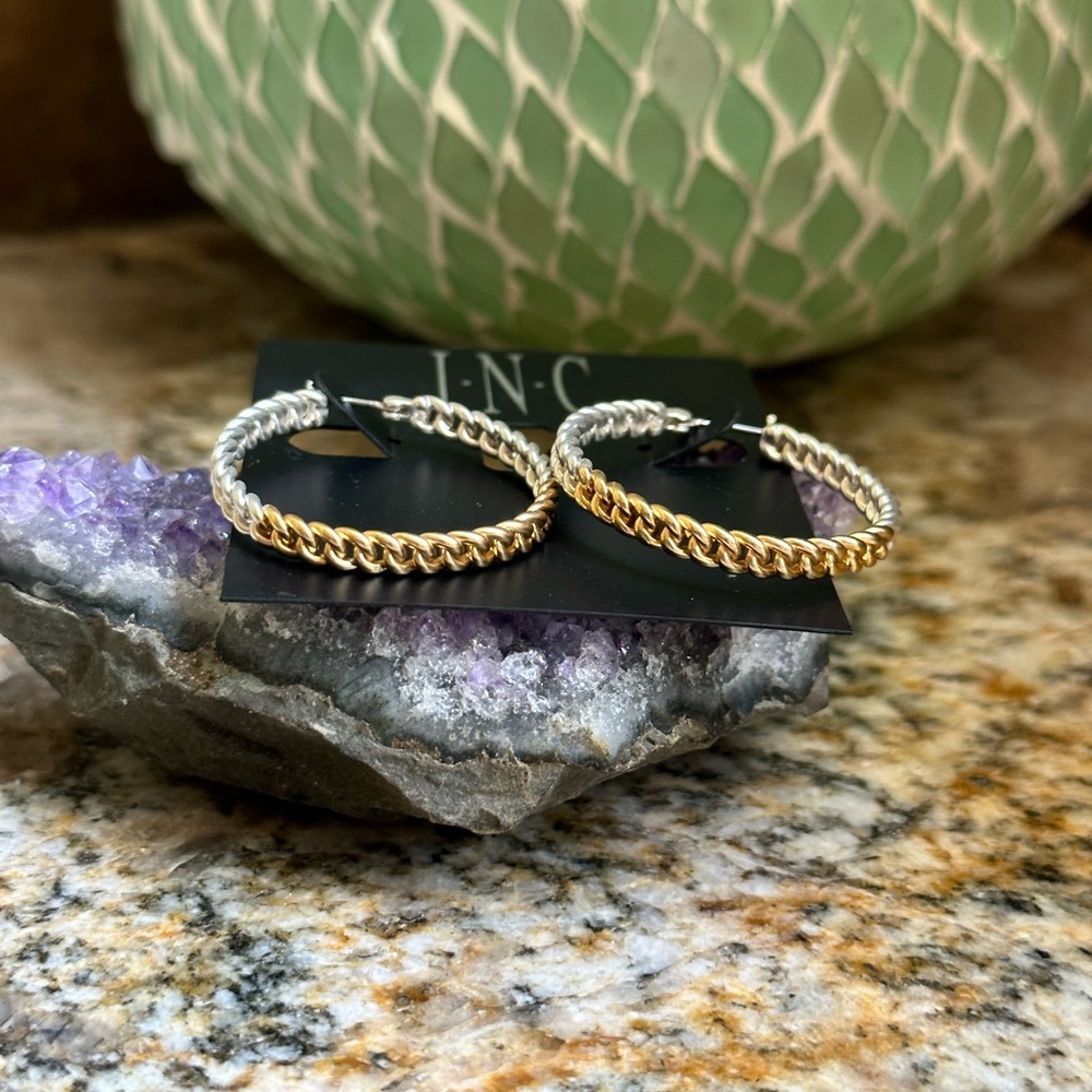 INC Two Tone Rope Hoop Earrings - Picture 5 of 6